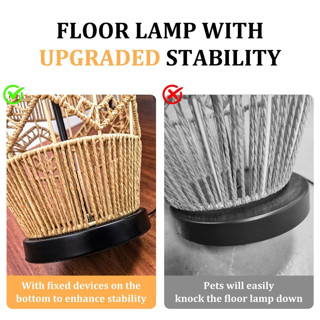 Boho Rattan Floor Lamp Hand-Woven with LED Light Bar - Corner Reading Lamp