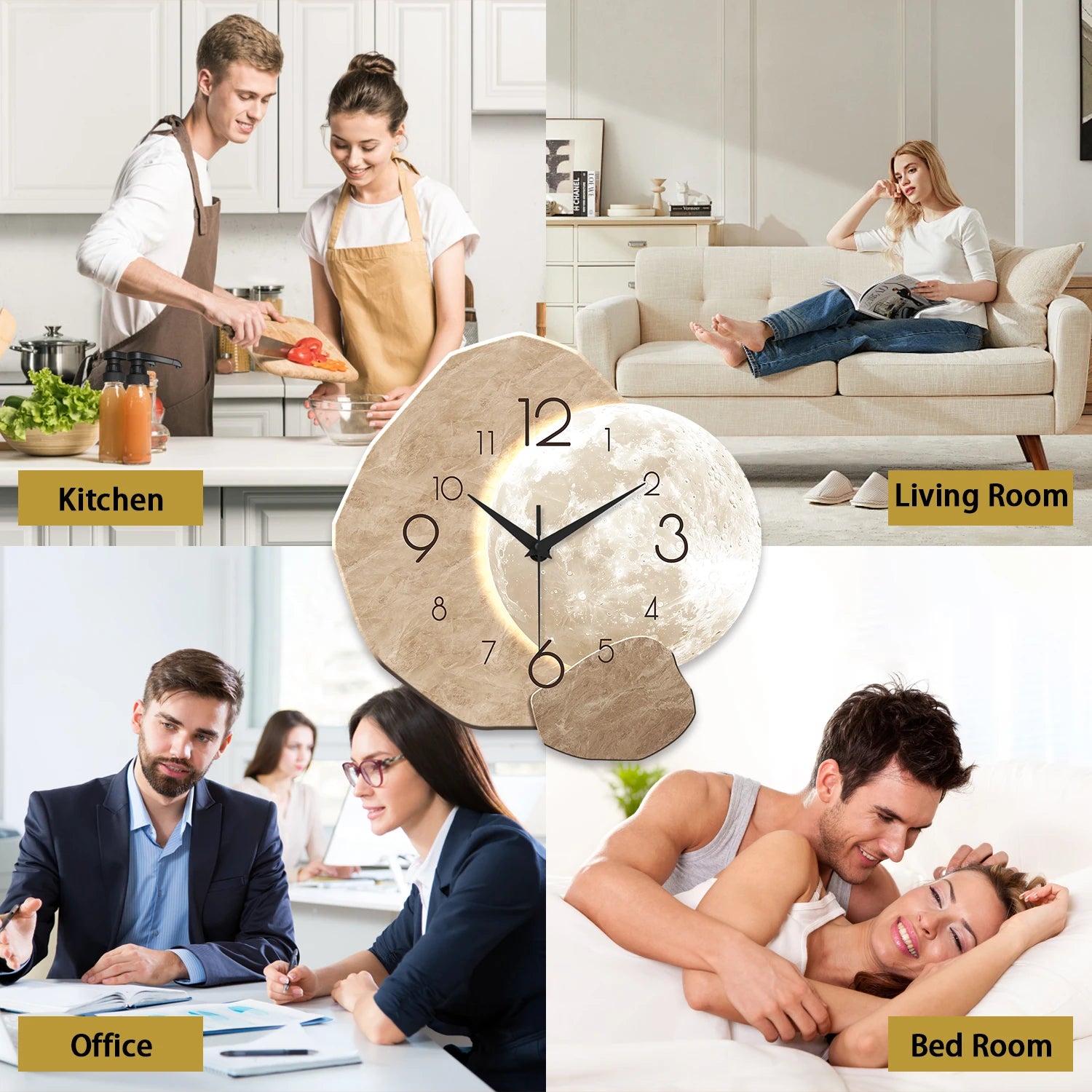 Silent Wall Clock - Modern Moon Design with Wooden Frame