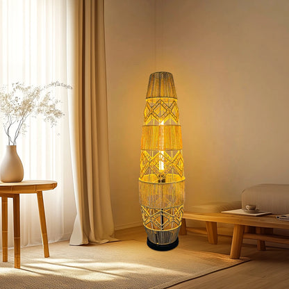 Boho Rattan Floor Lamp Hand-Woven with LED Light Bar - Corner Reading Lamp