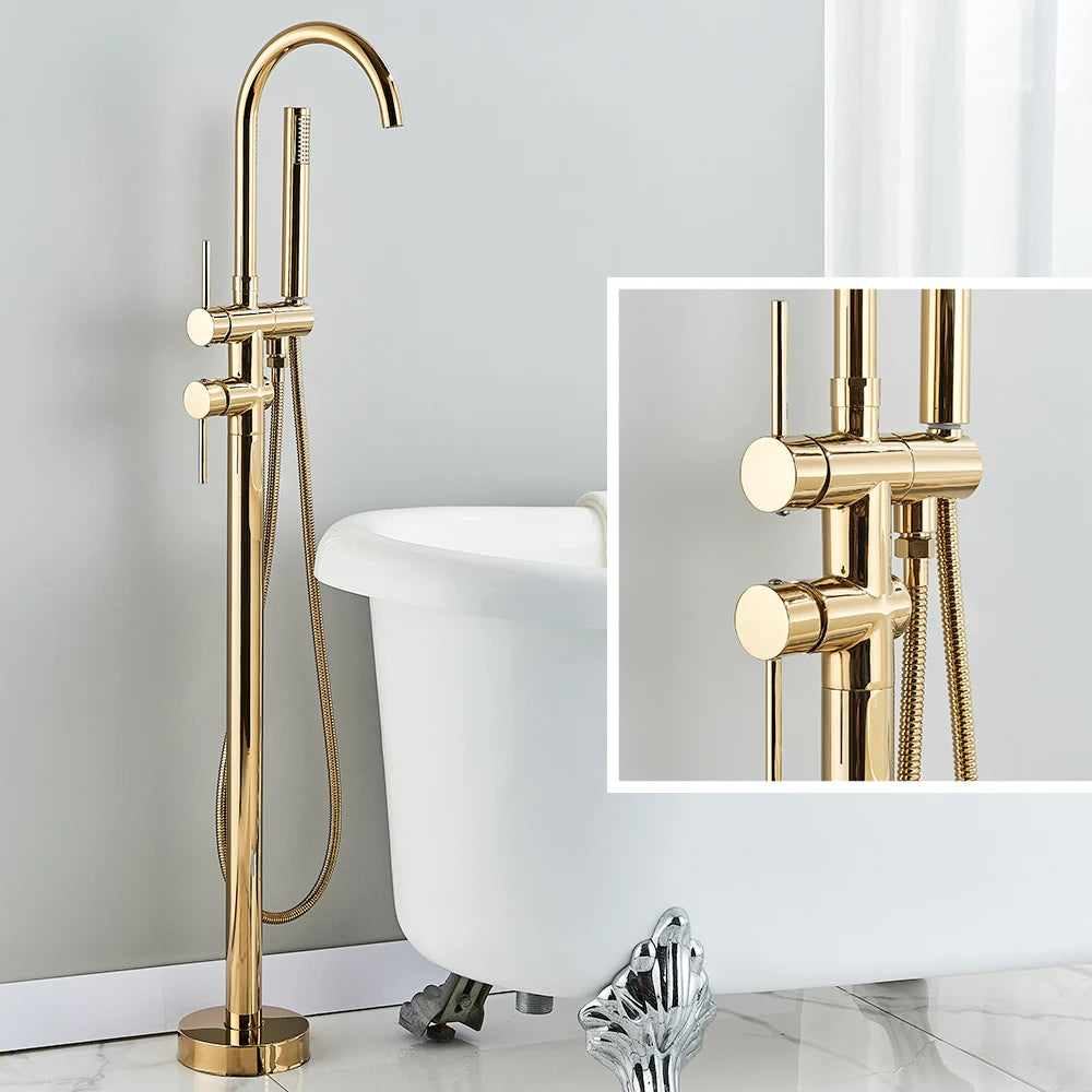 Floor Standing Bathtub Faucet - Single Handle Mixer with 360° Swivel Spout & Hand Shower