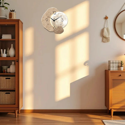 Silent Wall Clock - Modern Moon Design with Wooden Frame