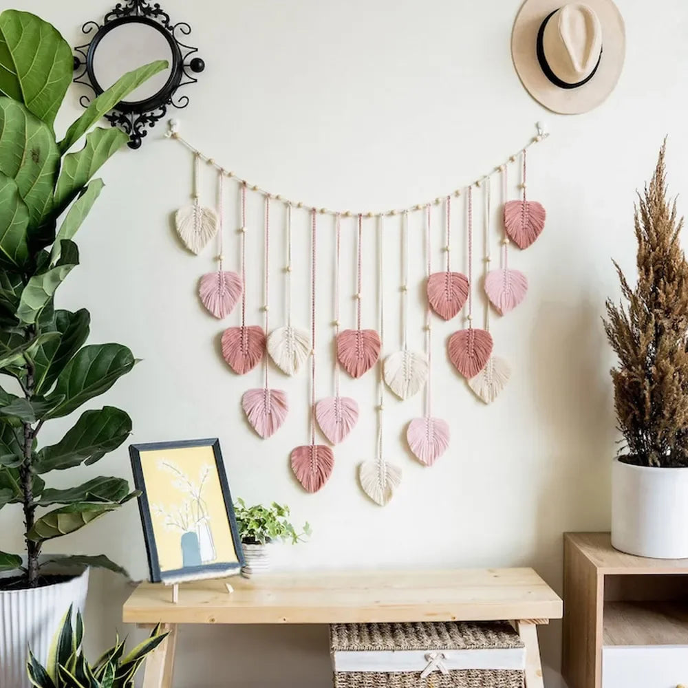 Boho Macrame Wall Hanging with Leaves – 120 × 75 cm