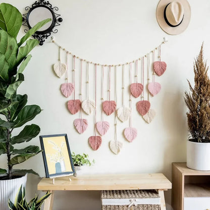 Boho Macrame Wall Hanging with Leaves – 120 × 75 cm