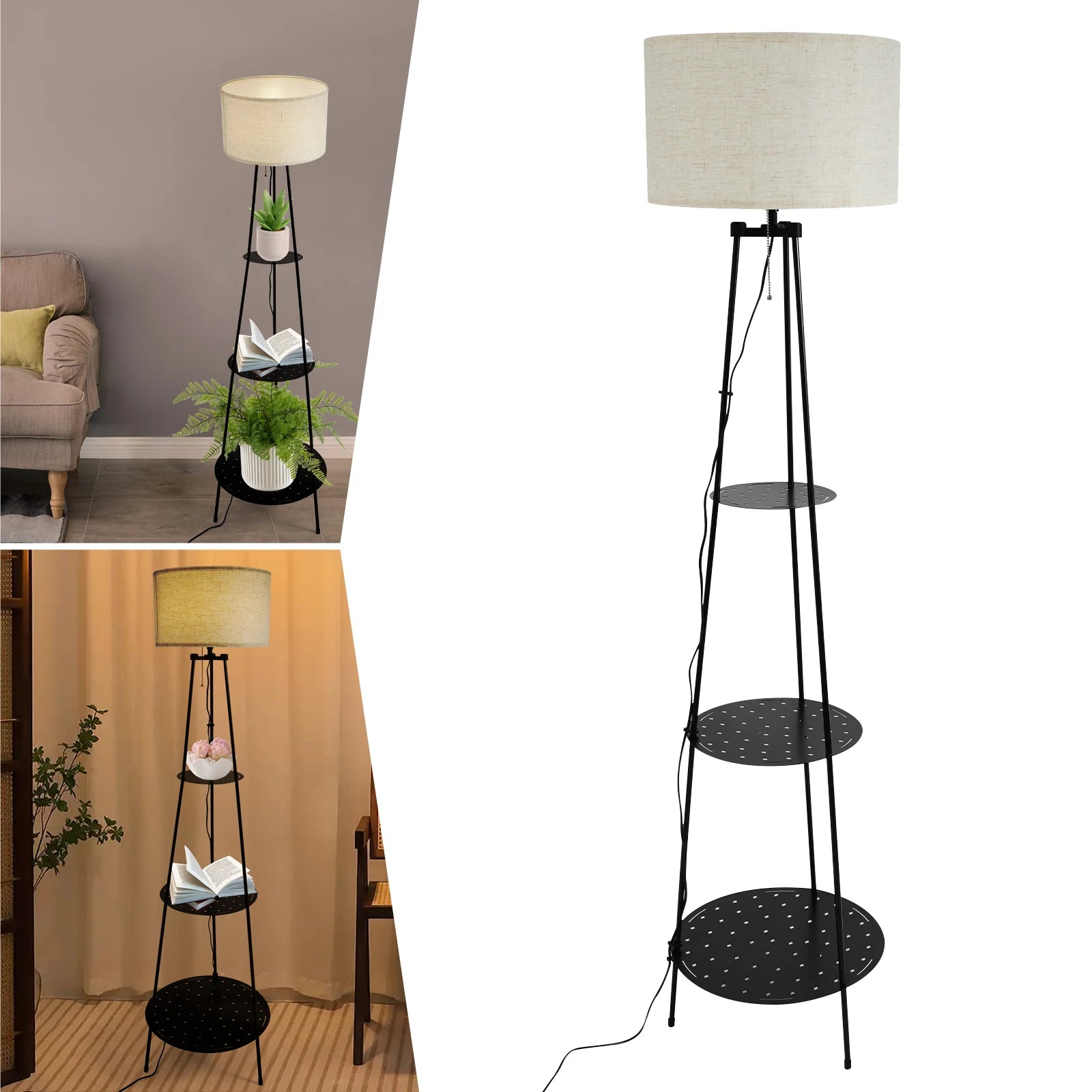Modern Floor Lamp with 3-Tier Shelf - E27 Standing Light with Storage