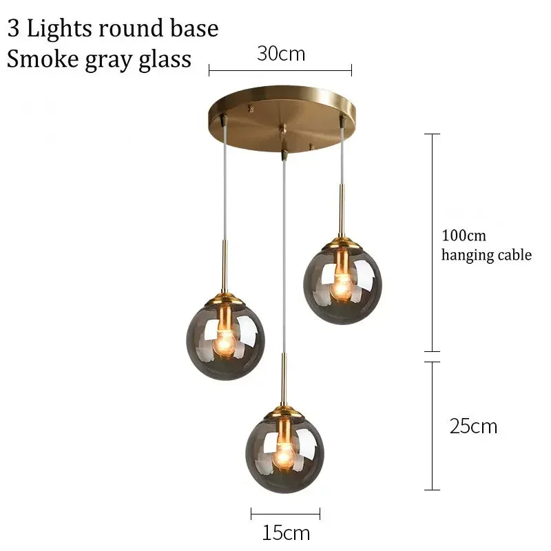 Glass Ball Pendant Light | 3 or 5 Heads | Amber, Clear or Smoke Gray | E27