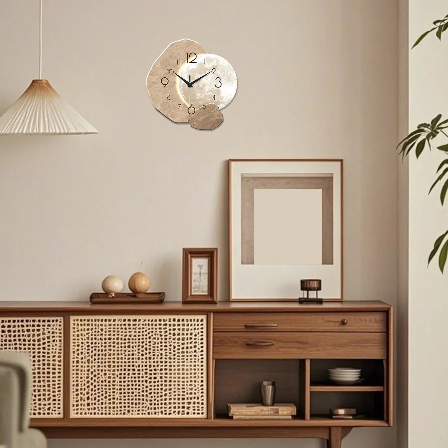 Silent Wall Clock - Modern Moon Design with Wooden Frame