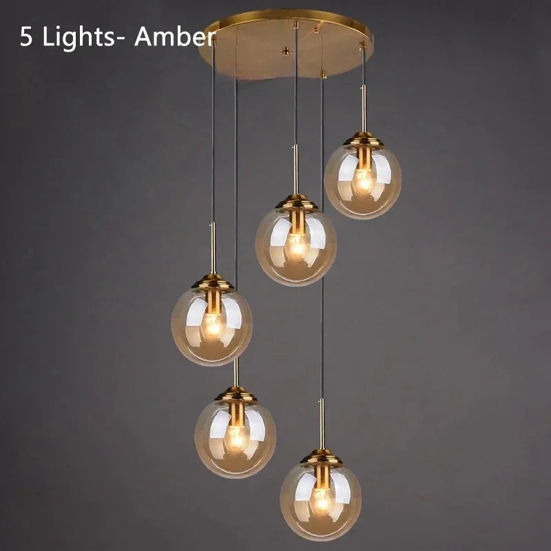 Glass Ball Pendant Light | 3 or 5 Heads | Amber, Clear or Smoke Gray | E27