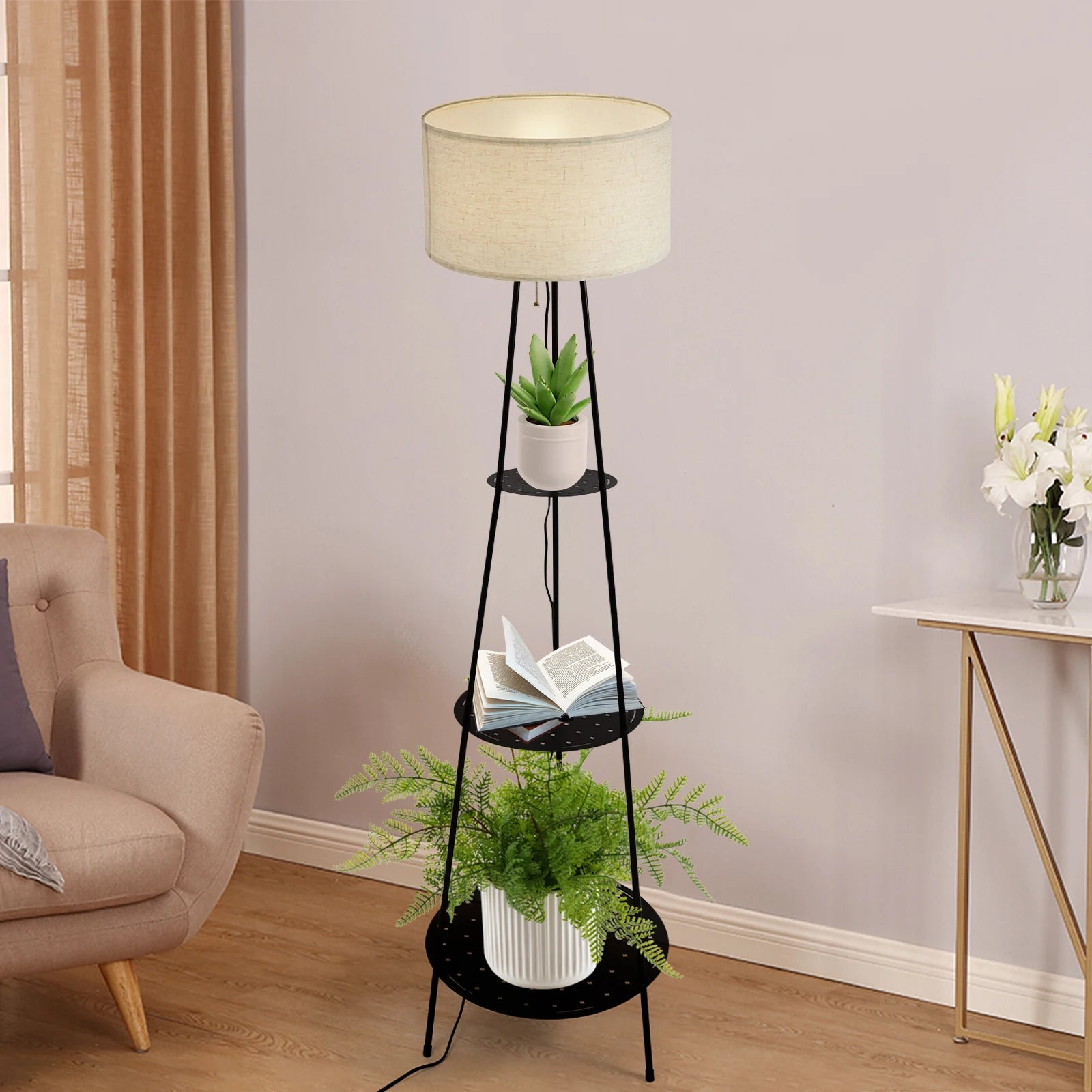 Modern Floor Lamp with 3-Tier Shelf - E27 Standing Light with Storage