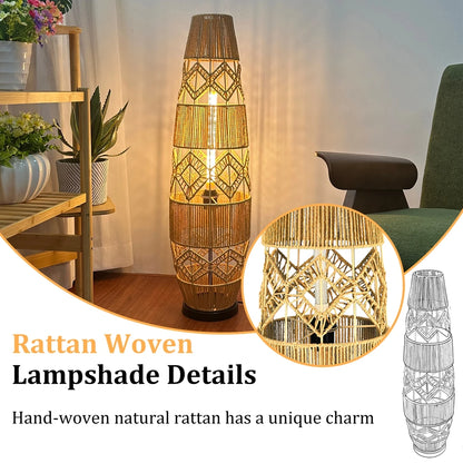 Boho Rattan Floor Lamp Hand-Woven with LED Light Bar - Corner Reading Lamp