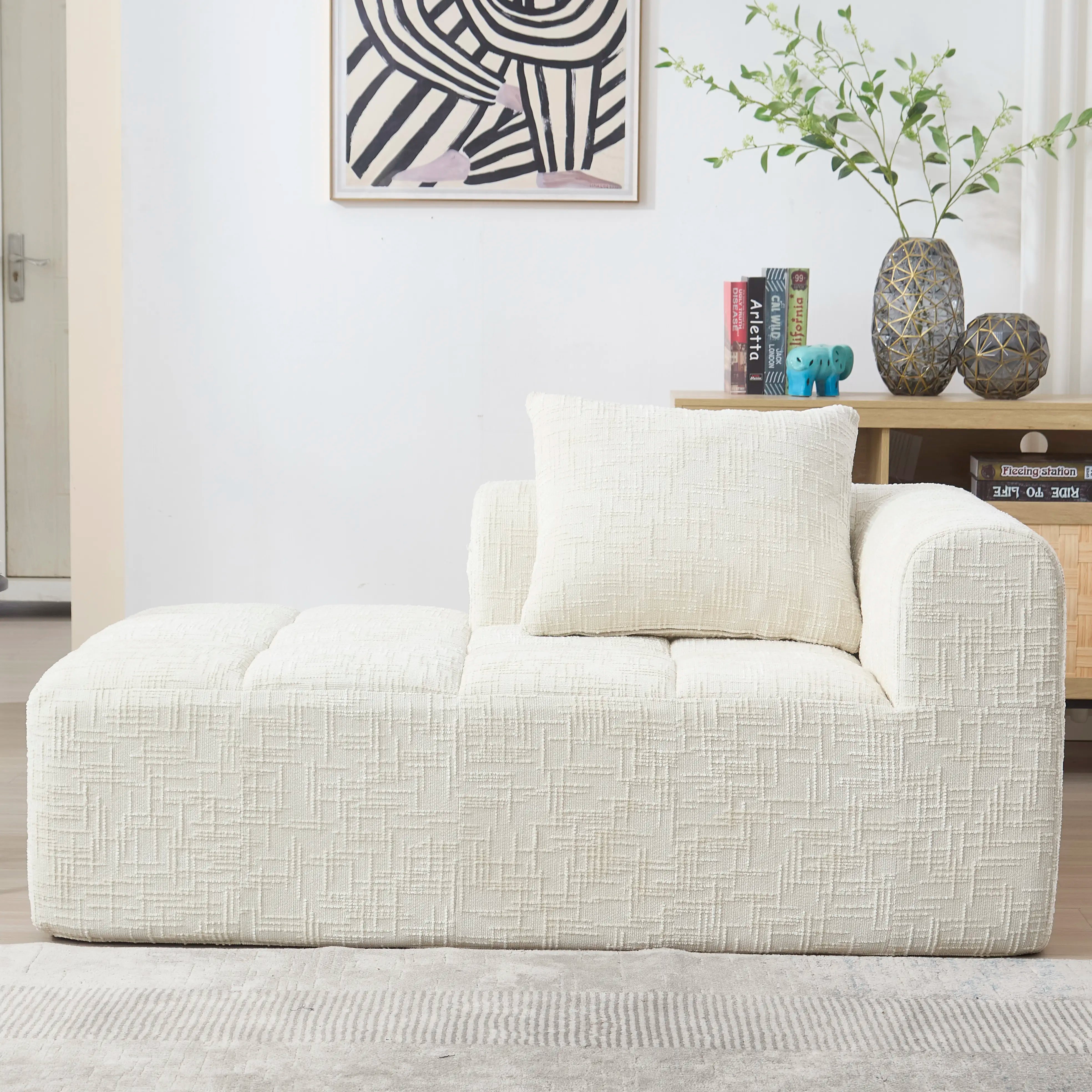 Luxury Beige Chenille Chaise Lounge Sofa - 2-Seater with Storage Pockets