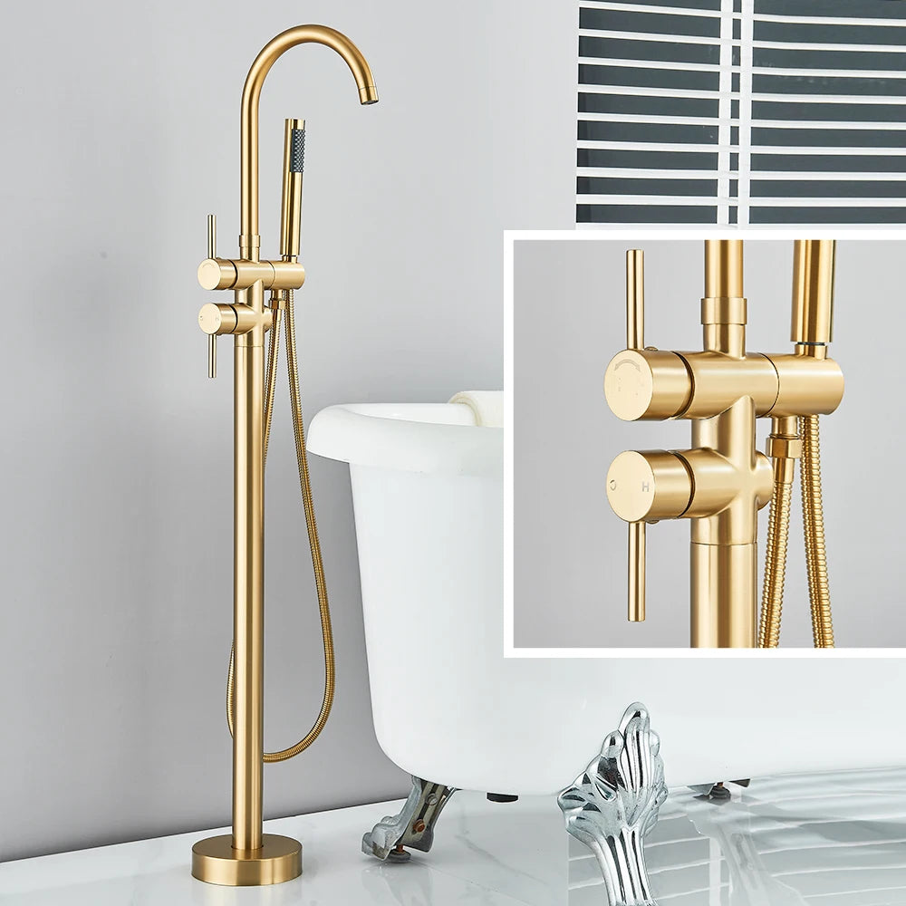 Floor Standing Bathtub Faucet - Single Handle Mixer with 360° Swivel Spout & Hand Shower