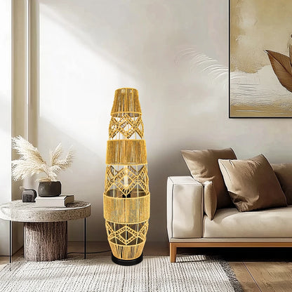 Boho Rattan Floor Lamp Hand-Woven with LED Light Bar - Corner Reading Lamp