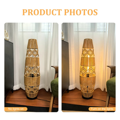 Boho Rattan Floor Lamp Hand-Woven with LED Light Bar - Corner Reading Lamp