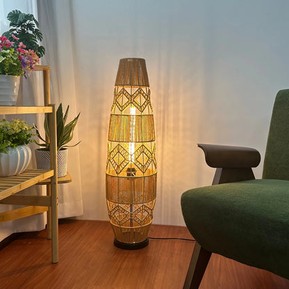 Boho Rattan Floor Lamp Hand-Woven with LED Light Bar - Corner Reading Lamp