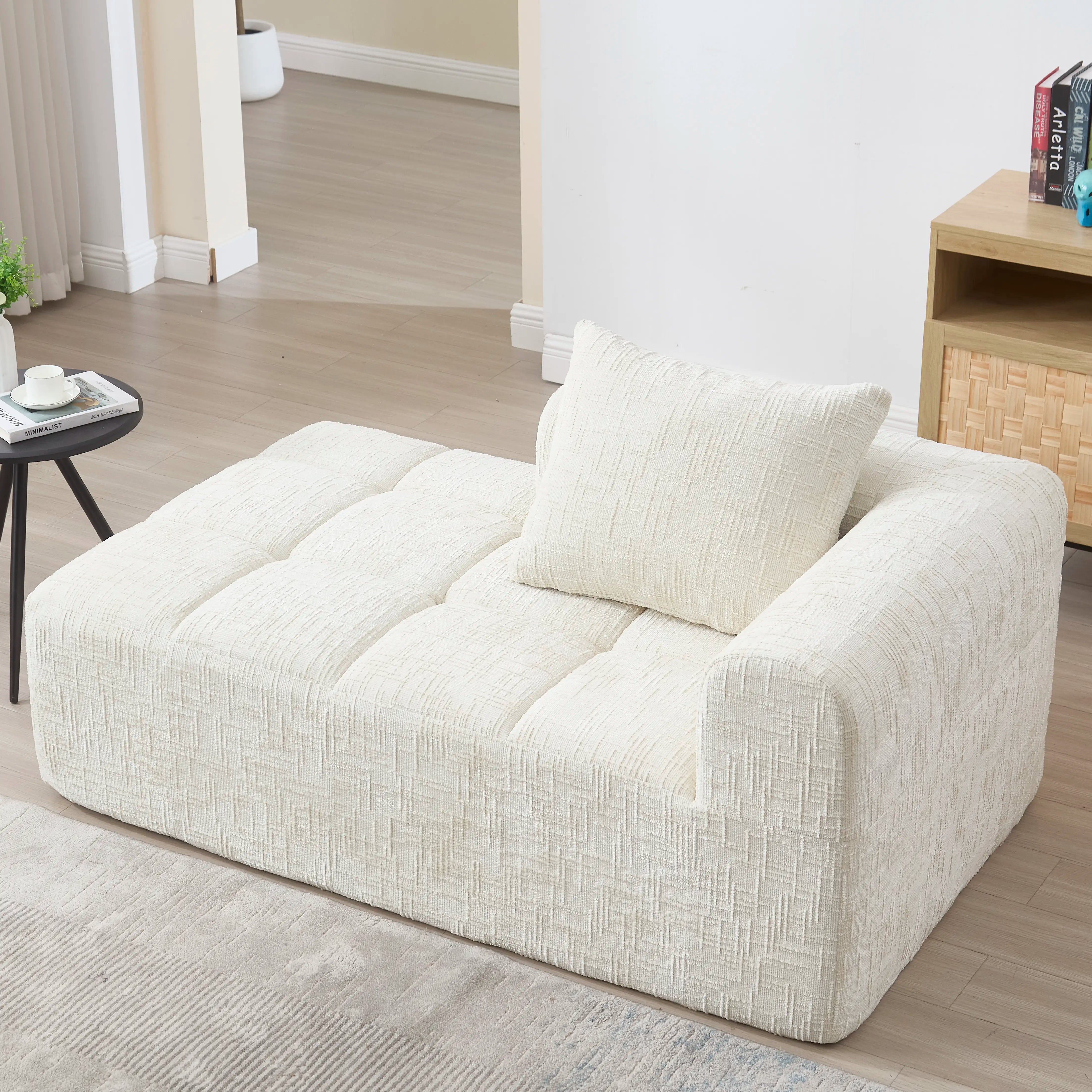 Luxury Beige Chenille Chaise Lounge Sofa - 2-Seater with Storage Pockets