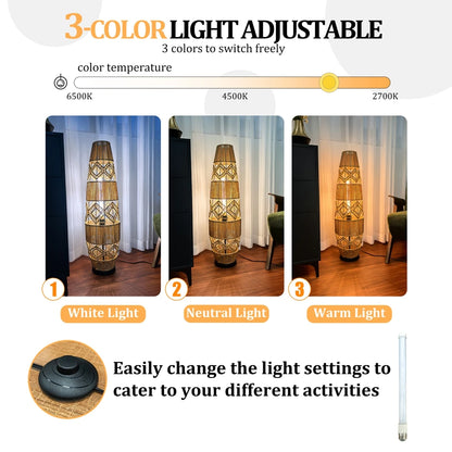 Boho Rattan Floor Lamp Hand-Woven with LED Light Bar - Corner Reading Lamp