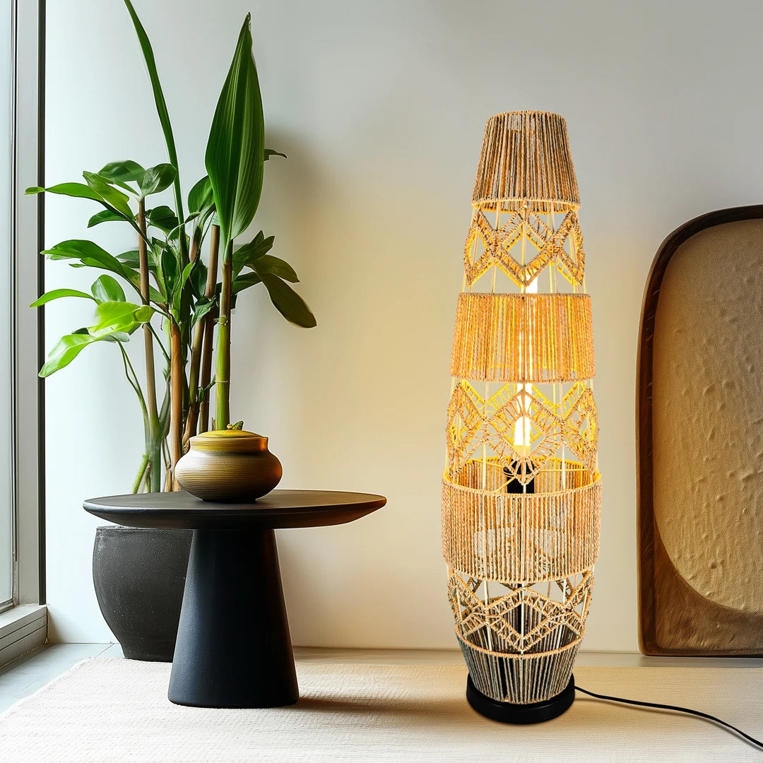Boho Rattan Floor Lamp Hand-Woven with LED Light Bar - Corner Reading Lamp