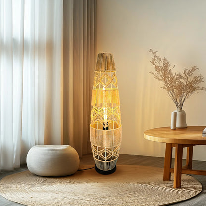 Boho Rattan Floor Lamp Hand-Woven with LED Light Bar - Corner Reading Lamp