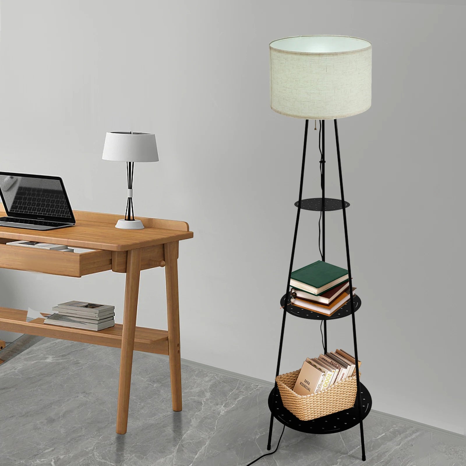 Modern Floor Lamp with 3-Tier Shelf - E27 Standing Light with Storage