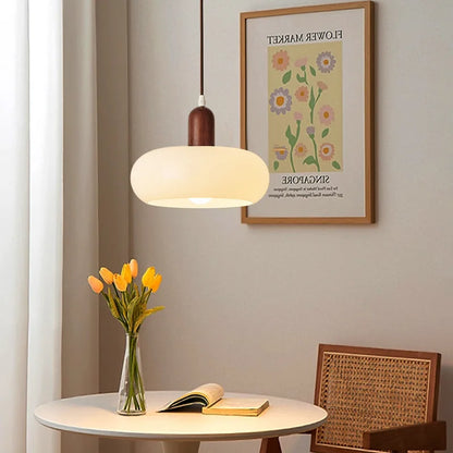 Melkglazen LED Hanglamp met Houten Pendel