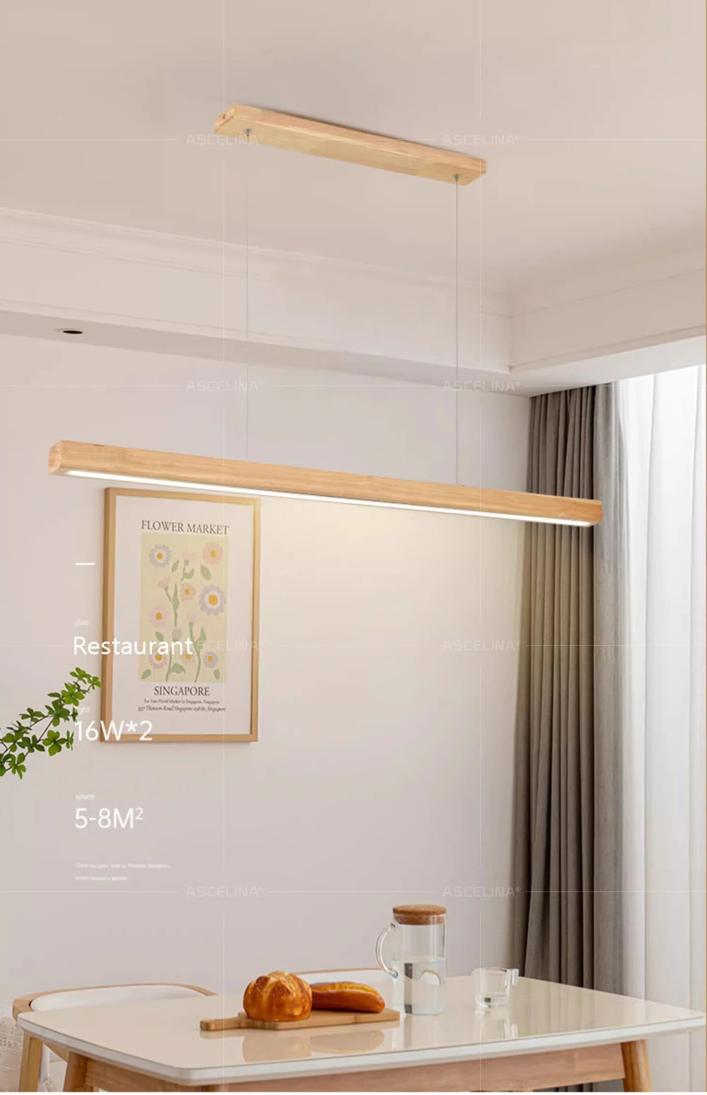 LED Pendant Light - Wood Long Strip - Kitchen Island Lighting