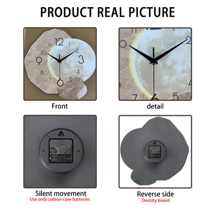 Silent Wall Clock - Modern Moon Design with Wooden Frame
