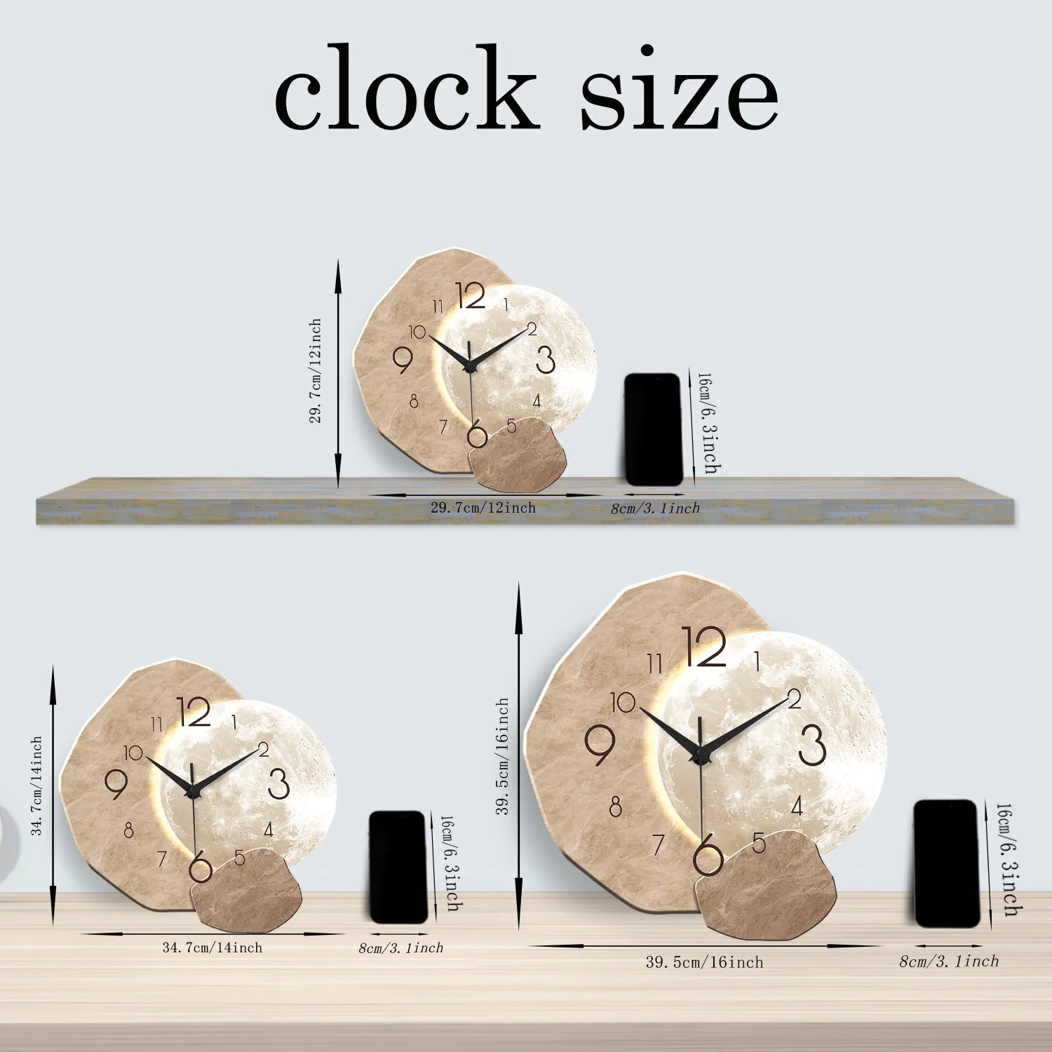 Silent Wall Clock - Modern Moon Design with Wooden Frame