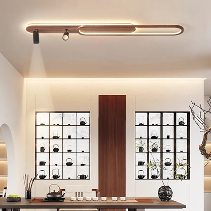 Lineair LED-plafondlicht met walnootafwerking en spot