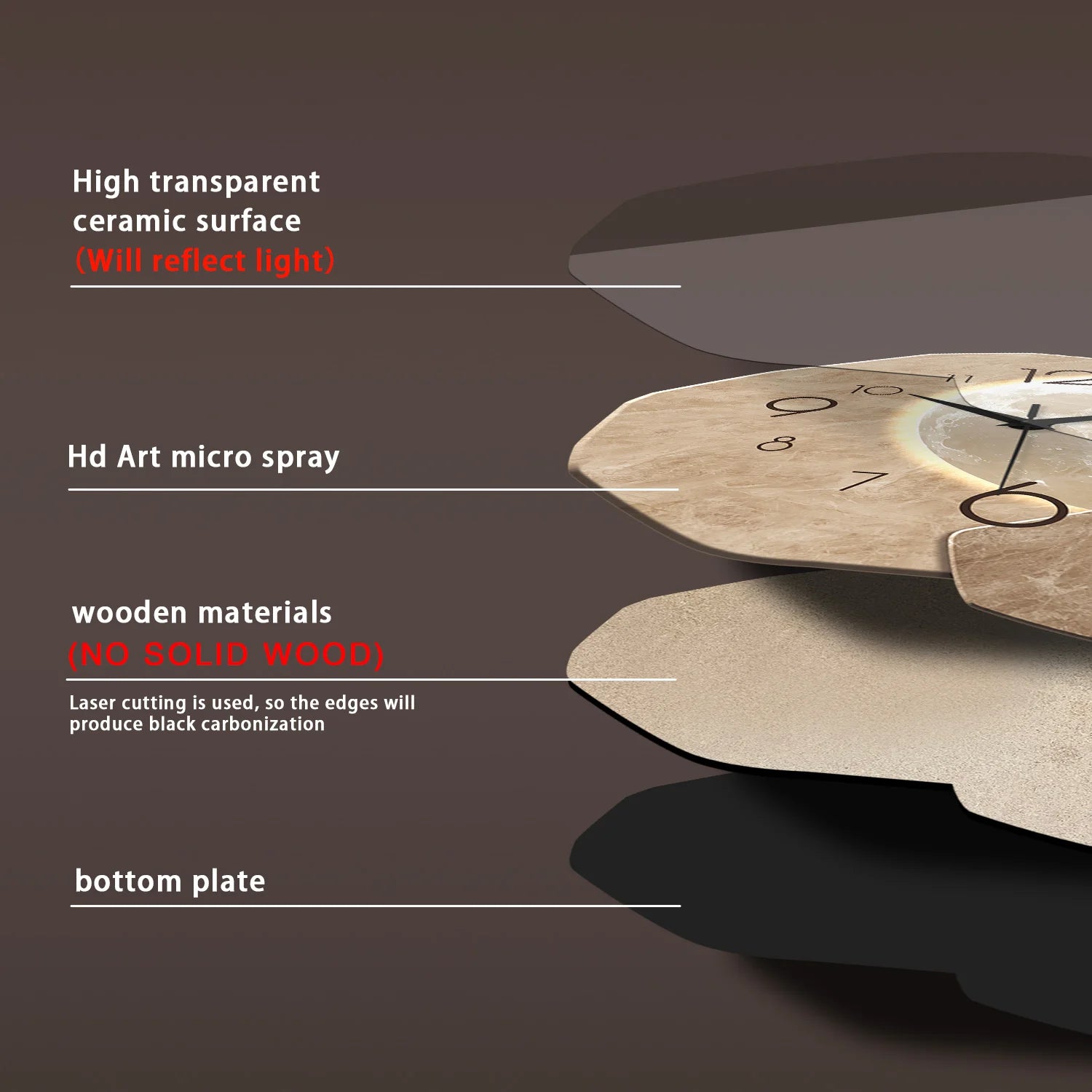 Silent Wall Clock - Modern Moon Design with Wooden Frame