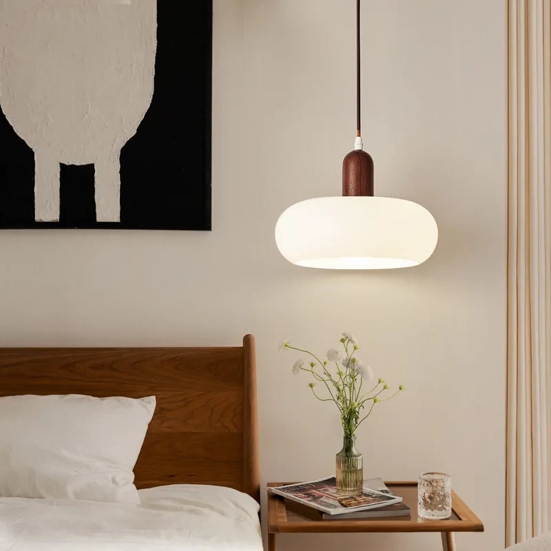 Melkglazen LED Hanglamp met Houten Pendel