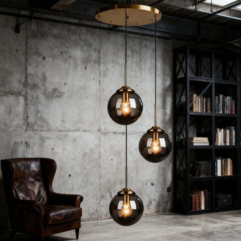 Glass Ball Pendant Light | 3 or 5 Heads | Amber, Clear or Smoke Gray | E27