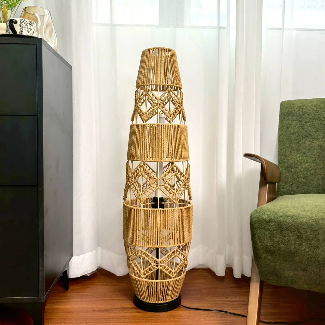 Boho Rattan Floor Lamp Hand-Woven with LED Light Bar - Corner Reading Lamp