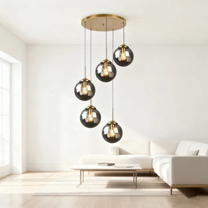 Glass Ball Pendant Light | 3 or 5 Heads | Amber, Clear or Smoke Gray | E27