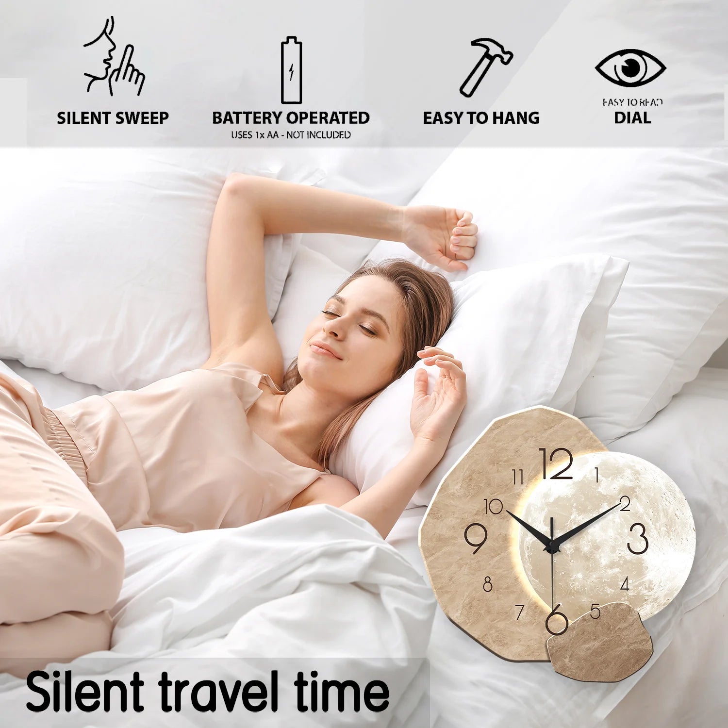 Silent Wall Clock - Modern Moon Design with Wooden Frame