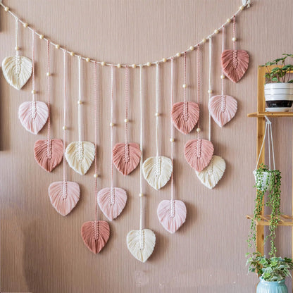 Boho Macrame Wall Hanging with Leaves – 120 × 75 cm