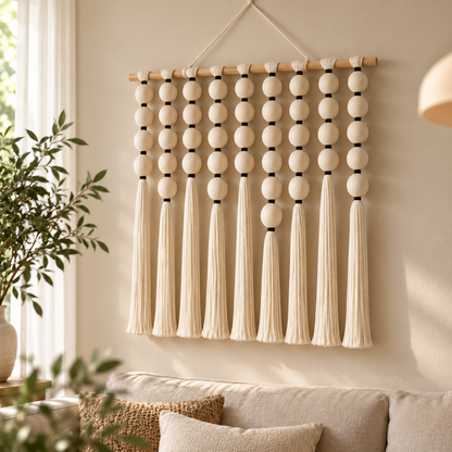 Makramee-Wandbehang mit Perlen – 100 × 95 cm
