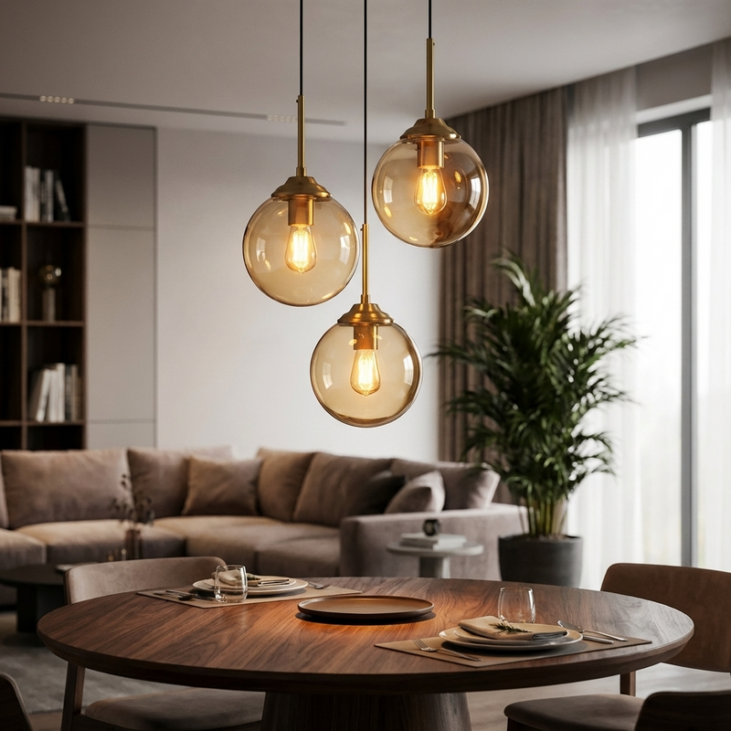 Glass Ball Pendant Light | 3 or 5 Heads | Amber, Clear or Smoke Gray | E27