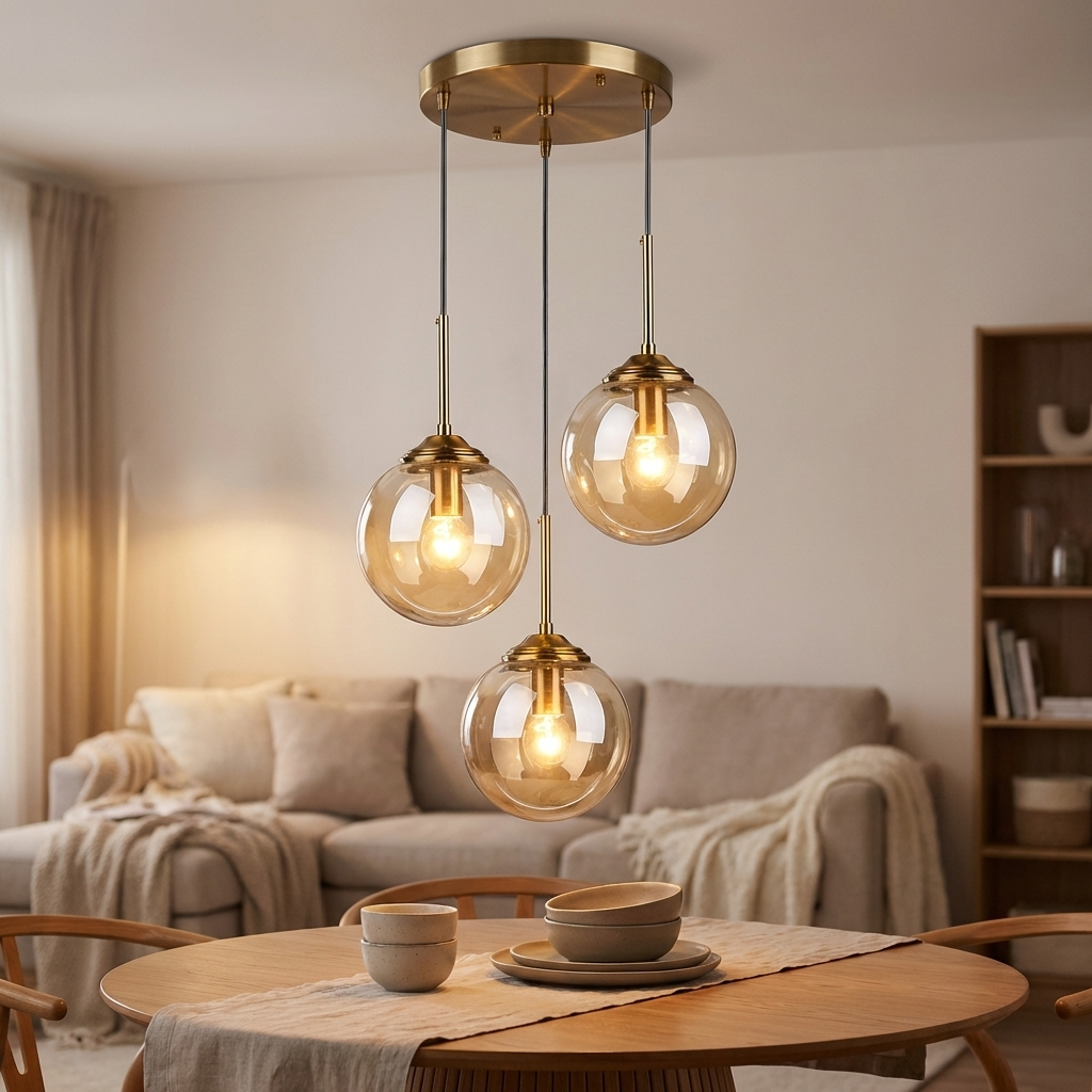 Glass Ball Pendant Light | 3 or 5 Heads | Amber, Clear or Smoke Gray | E27