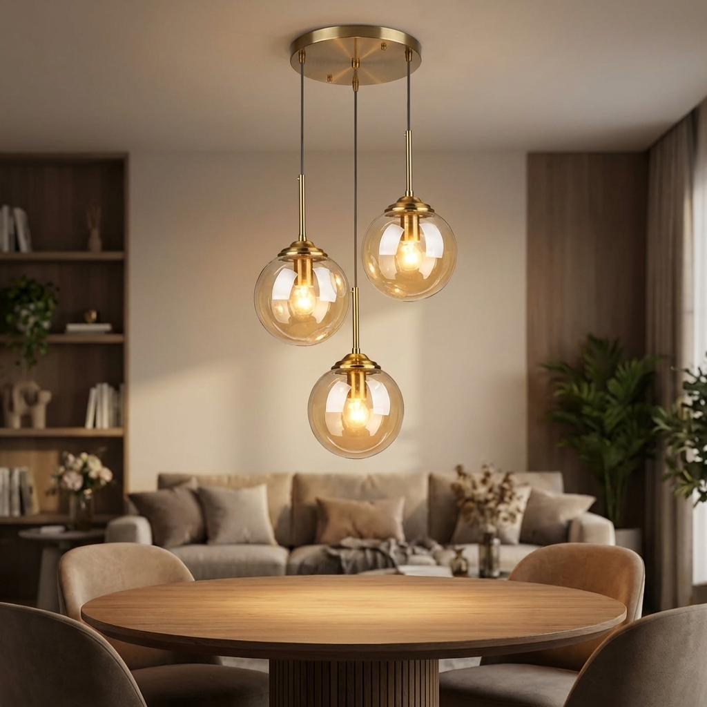 Glass Ball Pendant Light | 3 or 5 Heads | Amber, Clear or Smoke Gray | E27